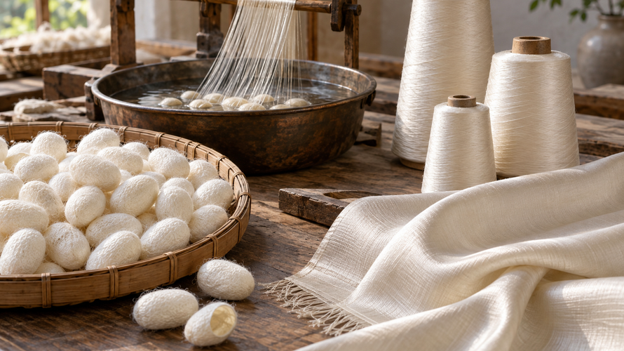 Silk cocoons, reeled filament and silk yarn prepared for fabric production