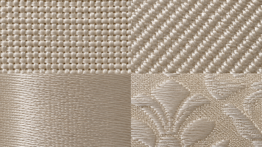 Close-up comparison of plain twill satin and jacquard silk weaves