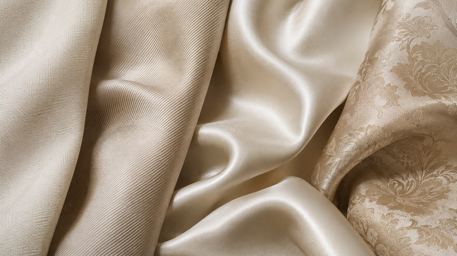 Plain twill satin and jacquard silk weave patterns arranged in a neutral studio