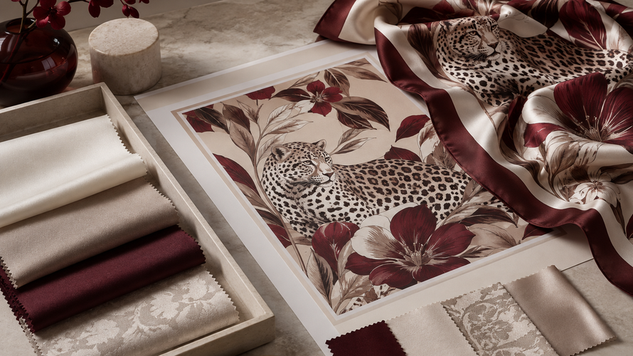 Silk weave quality checks with ruler magnifying glass colour cards and hem sample
