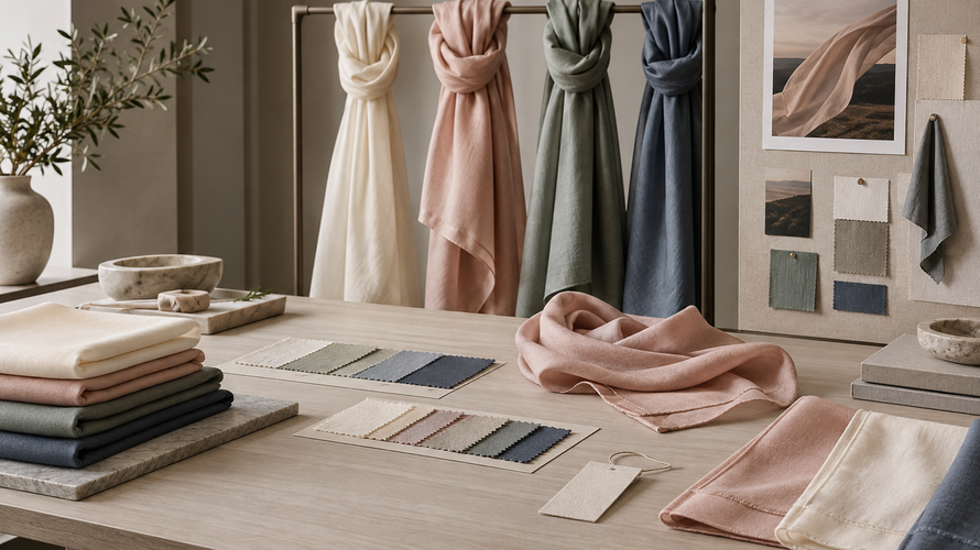 Soft fabric custom scarf development with swatches hems and care sample
