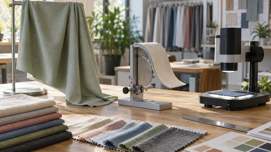 Fabric softness testing with drape samples ruler and surface inspection