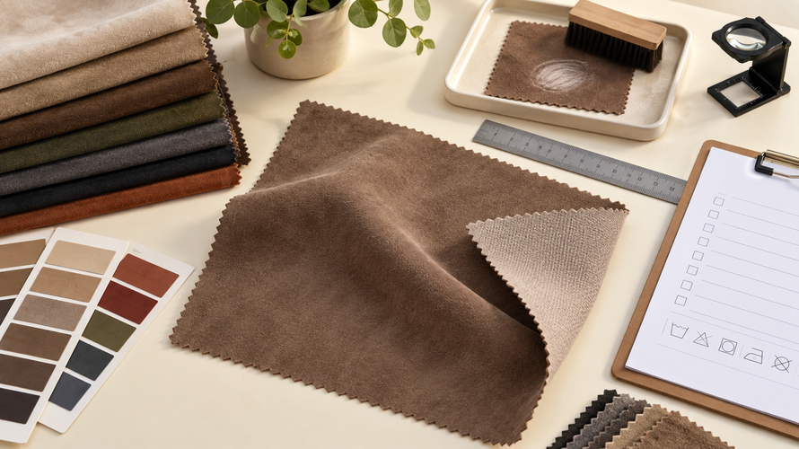 suede buyer checks Textile buyer workspace with a suede swatch, backing, ruler, colour cards and inspection notes