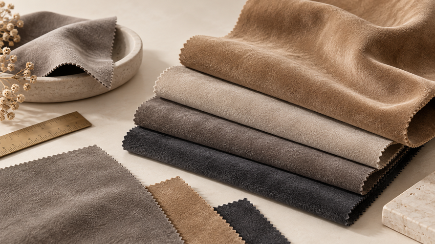 Neutral faux suede textile swatches showing a short velvety nap and directional shading