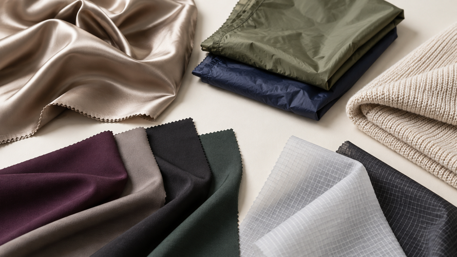 Polyester, nylon, acrylic, stretch and technical synthetic textile swatches arranged for comparison