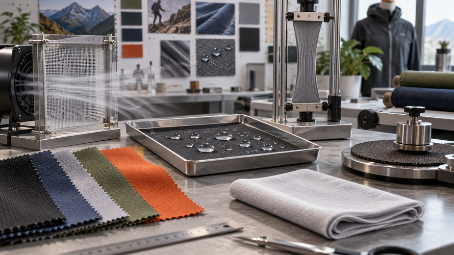 synthetic fabric testing Synthetic fabric swatches checked for airflow, water response, stretch and abrasion