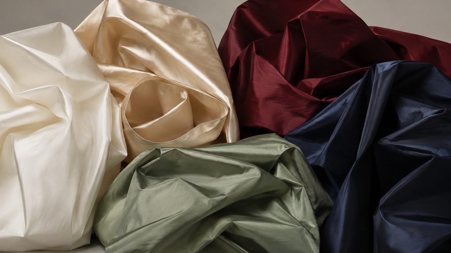 Crisp structured silk and polyester-like taffeta fabrics with subtle sheen