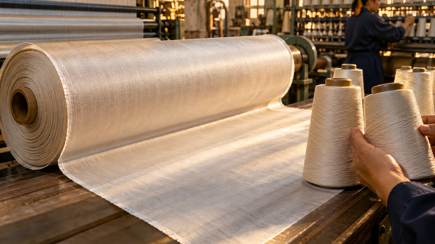 taffeta mill inspection Taffeta fabric roll and yarn cones inspected in a textile mill