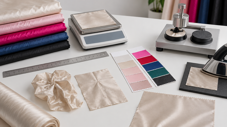 taffeta quality checks Taffeta fabric quality checks with ruler crease heat and colour samples