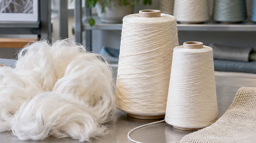 tencel fibre to fabric Wood-based cellulose material, fibre tufts, spun yarn and finished fabric arranged in a textile workspace
