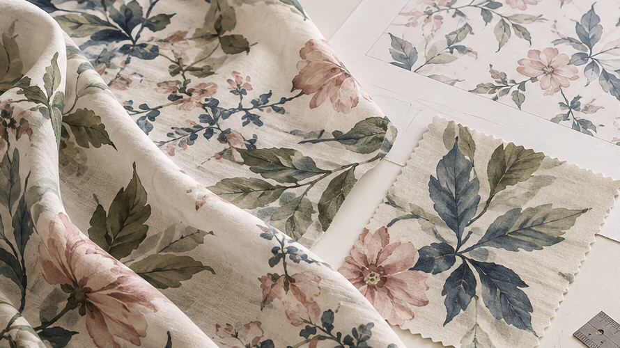 tencel print approval Printed cellulosic fabric swatch, artwork repeat, colour references and strike-off arranged for approval