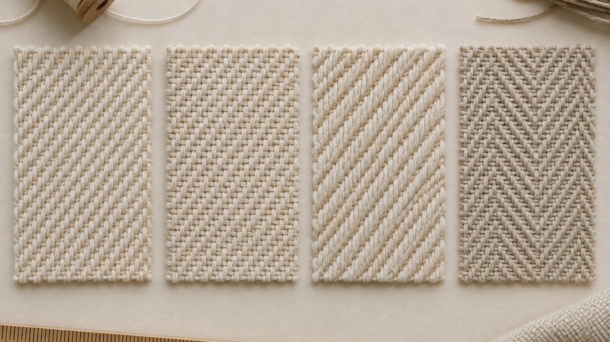 Twill weave variations including 2 by 1 2 by 2 3 by 1 and herringbone
