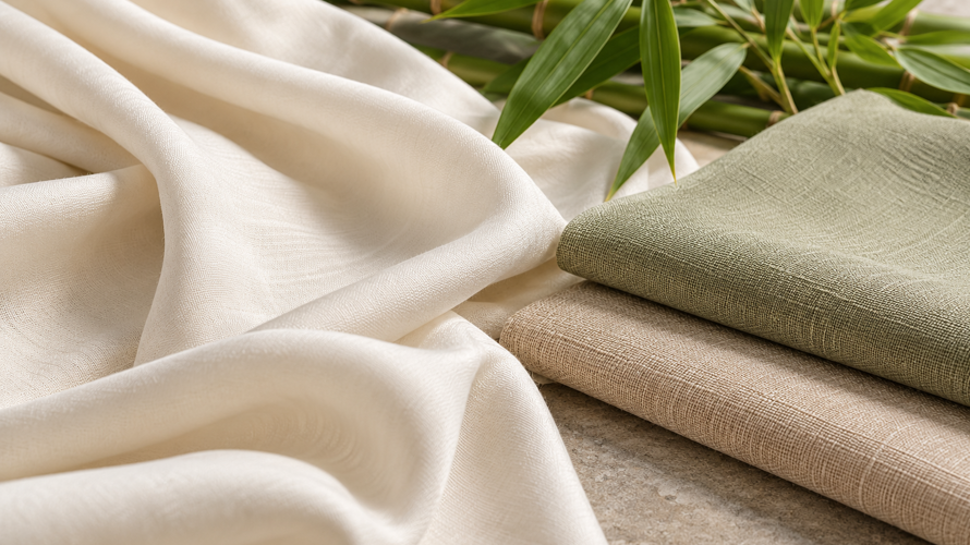 Bamboo textile swatches, bamboo stems, viscose rayon yarn and fabric composition cards arranged on a neutral table