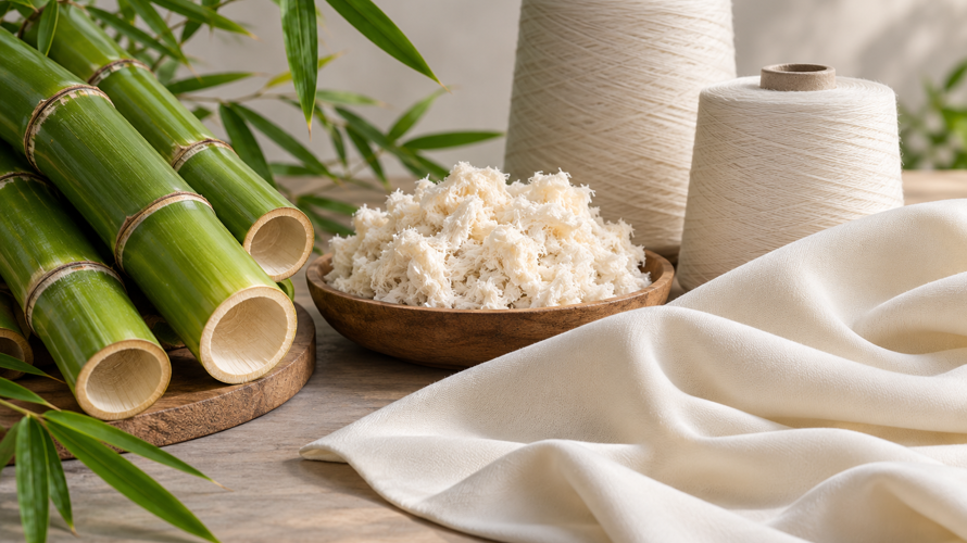 Bamboo textile route showing bamboo source, cellulose processing, rayon or viscose yarn, weaving and finished fabric