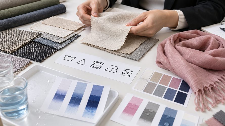 Natural versus synthetic buyer checks with composition labels, GSM, moisture, care, abrasion and finished sample records
