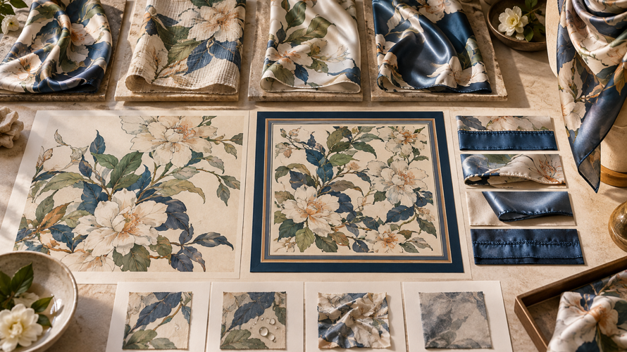 Custom textile material selection board with natural and synthetic swatches, colour cards, artwork and approval notes
