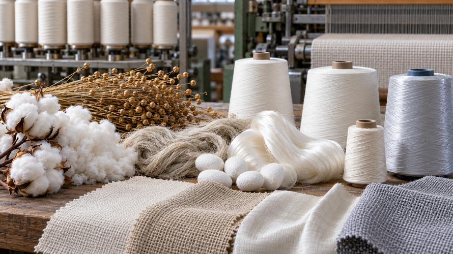 Natural and synthetic textile production chain with plant and animal fibres, polymer yarn, spinning, weaving and finished swatches