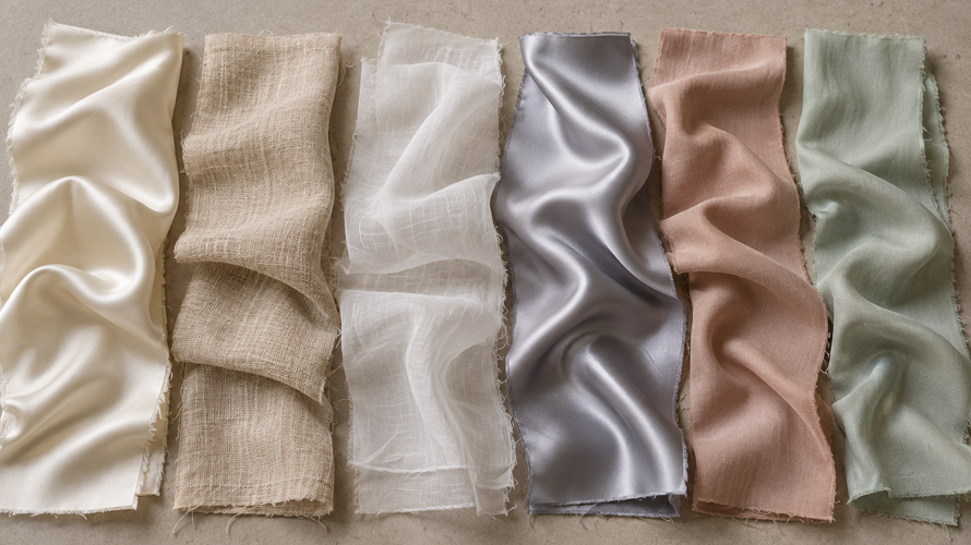Cotton, linen, silk, wool, polyester, nylon and regenerated-cellulose fabric swatches compared by hand and construction