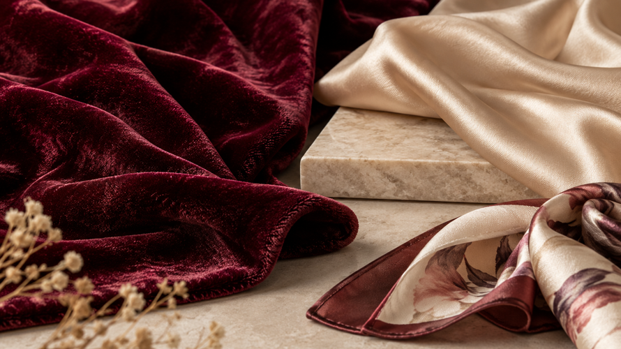 Velvet and satin fabric swatches showing raised pile, reflective face, folded drape and edge samples