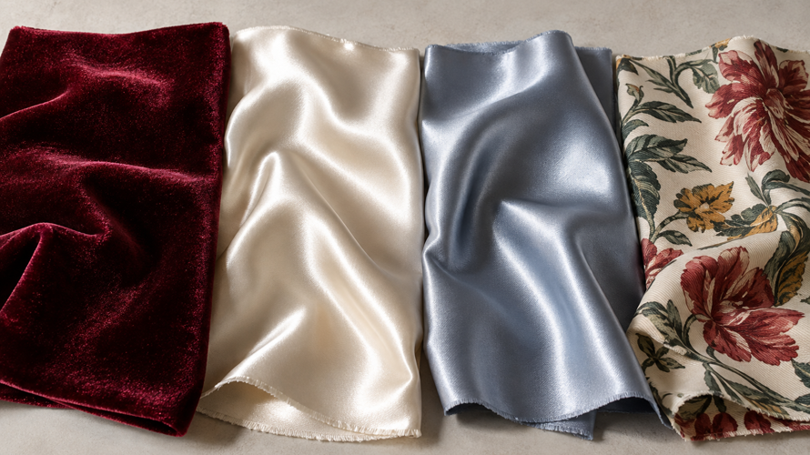 velvet vs satin types Silk, polyester and rayon velvet alongside silk satin, polyester satin and stretch satin swatches