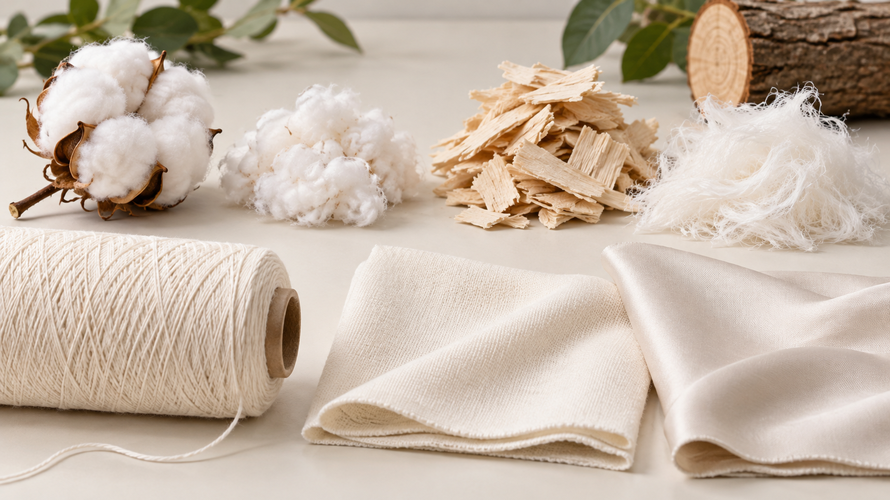 Cotton boll, wood-pulp cellulose, yarn and finished viscose and cotton fabrics