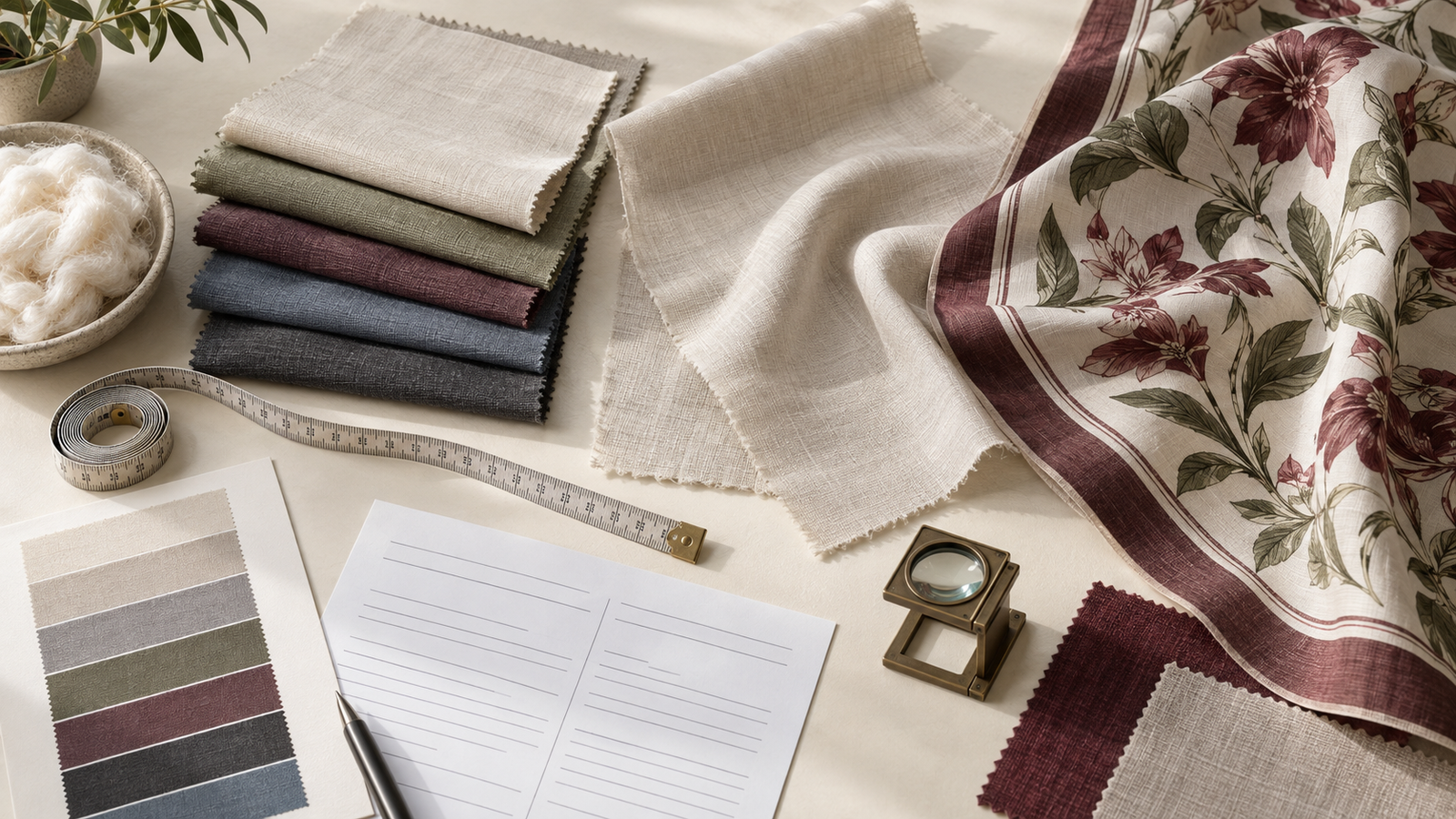 Textile buyer reviewing viscose and rayon fabric swatches, width, colour and print details