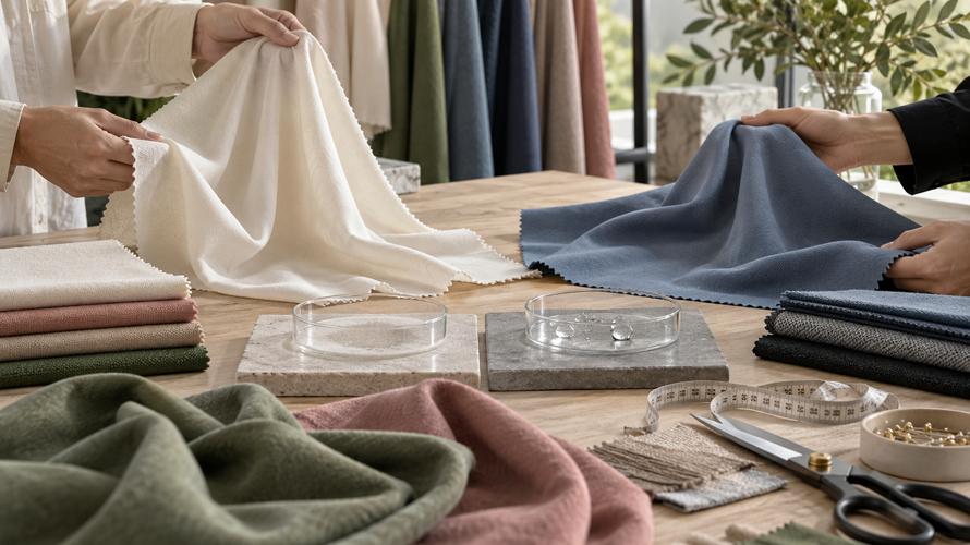Viscose versus polyester buyer checks with drape, wet handling, heat, colour and shrinkage samples