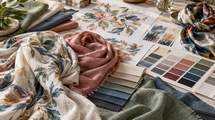 Custom viscose-polyester textile development with artwork, colour cards, fabric swatches and finished sample