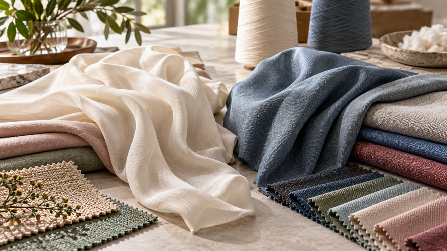 Viscose and polyester fabric swatches compared by drape, surface, structure and colour on a textile buyer table