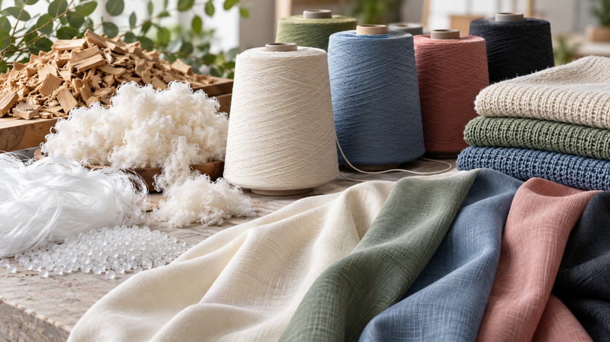 Viscose and polyester fibre-to-yarn routes with regenerated cellulose pulp, polymer yarn and fabric swatches