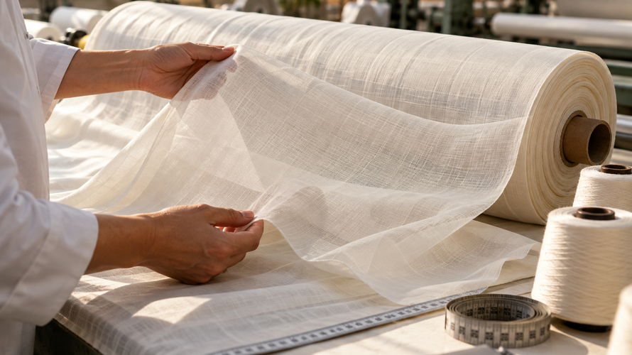 Lightweight voile fabric inspected on a roll in a textile mill