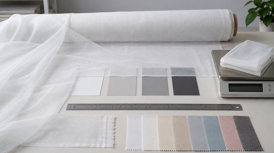 Voile fabric quality checks with opacity cards ruler GSM and edge sample