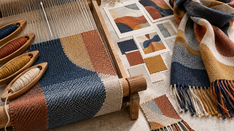 Custom woven scarf development with warp direction, weft colours, artwork and finished hem sample