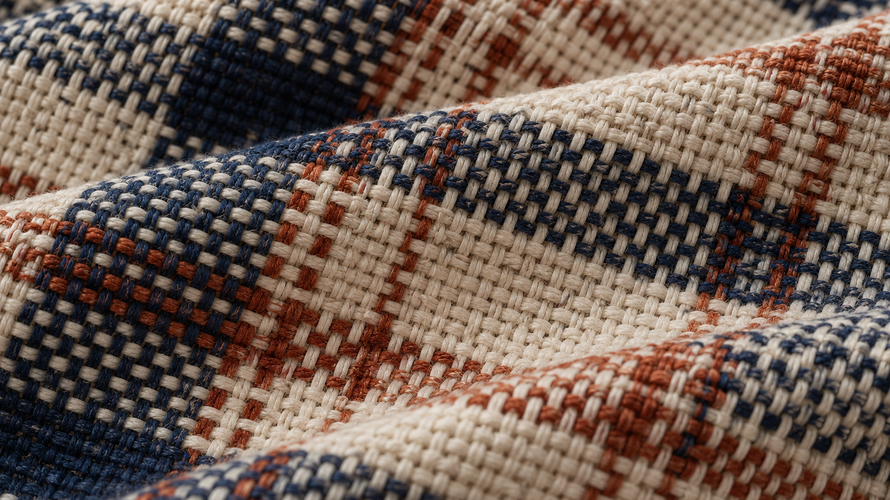 Close-up of woven fabric showing contrasting warp and weft yarn directions