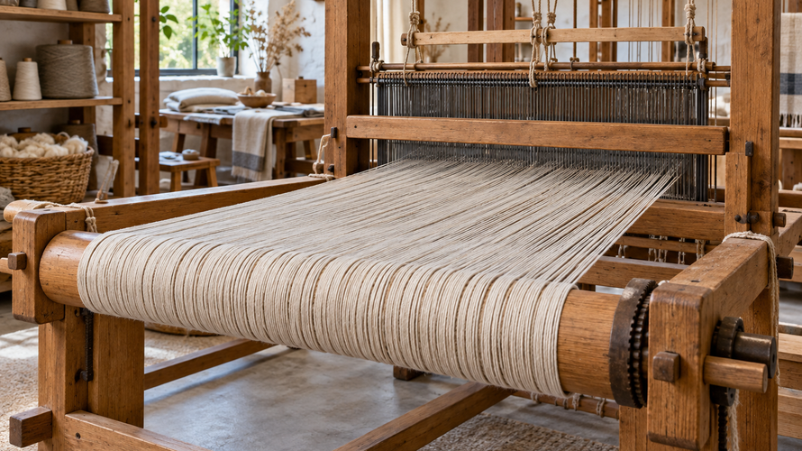 Warp yarns prepared under tension on a loom beam before weft insertion