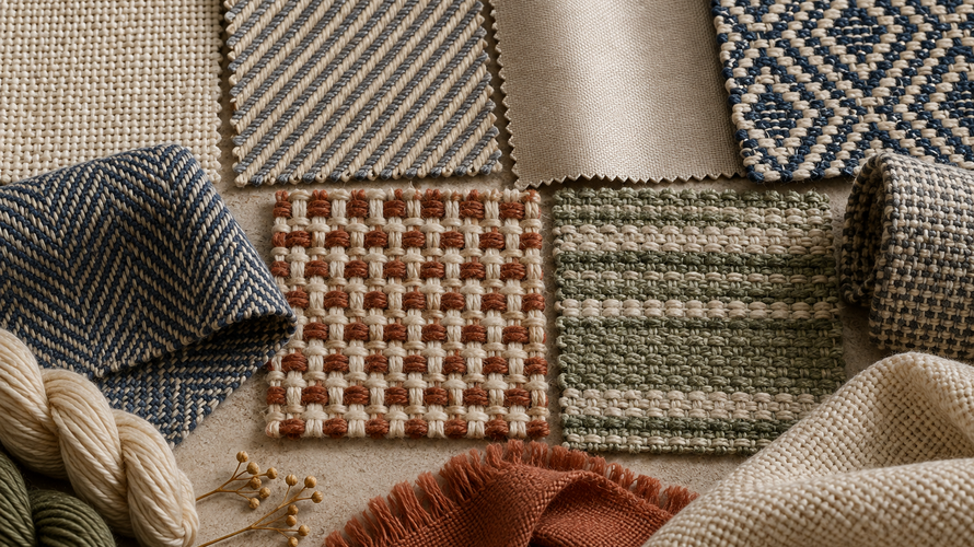Woven fabric samples showing plain twill satin and patterned warp and weft structures