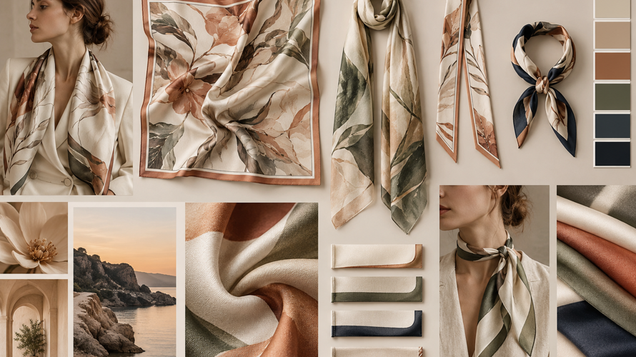 Custom scarf collection development with size chart, artwork layouts, fabric swatches and finished hemmed samples