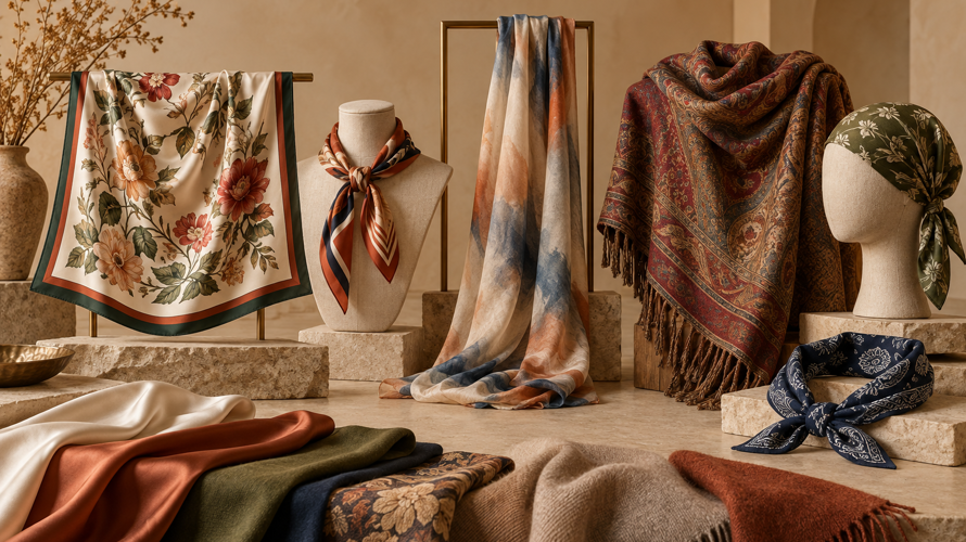 Different scarf formats including square silk scarf, rectangular stole, shawl, bandana, headscarf and neckerchief arranged by shape