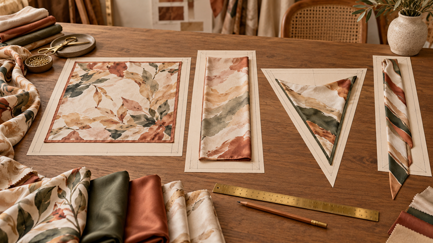 Scarf product development with square, rectangular, triangular and narrow formats, measurement plan and folded samples