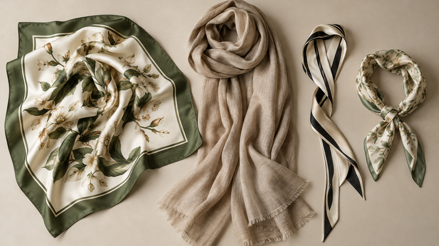 Square scarf, neckerchief, stole, shawl, headscarf, bandana and infinity scarf arranged by shape