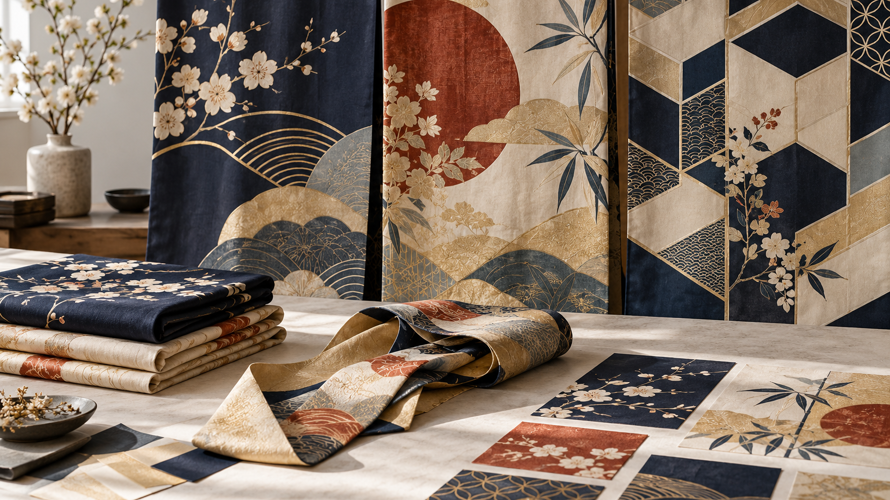 Kimono-inspired silk textile panels with geometric and botanical motifs, folded fabric, obi-like sash and construction pattern pieces