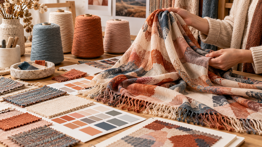 Custom acrylic scarf and textile development with yarn cones, swatches and finished sample review