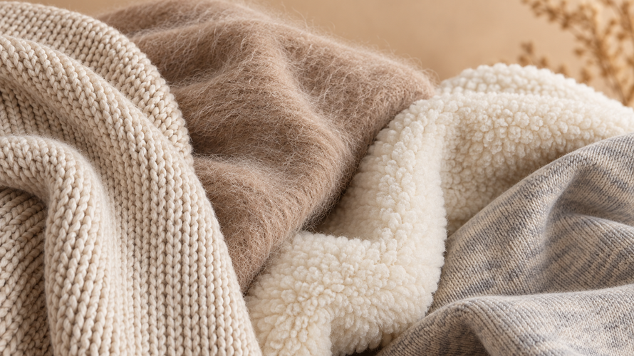 Acrylic knit, brushed acrylic, acrylic fleece and acrylic blend fabric swatches compared on a neutral table
