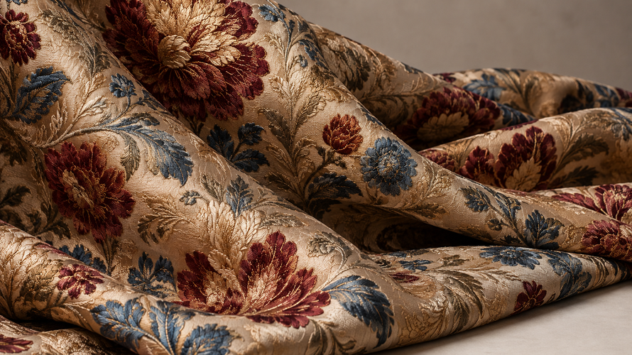 Rich brocade fabric with raised floral motifs in champagne, burgundy and muted blue