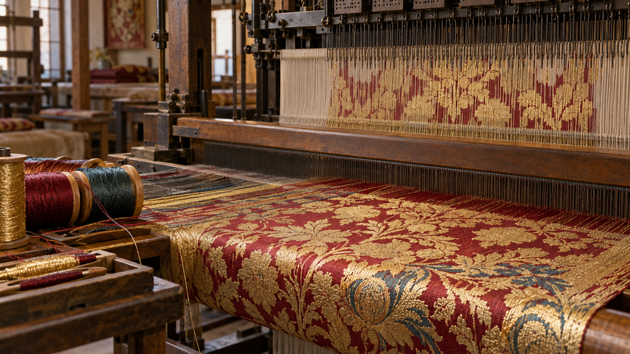 what is brocade fabric process Brocade weaving process with patterned warp, supplementary weft yarns and Jacquard loom detail