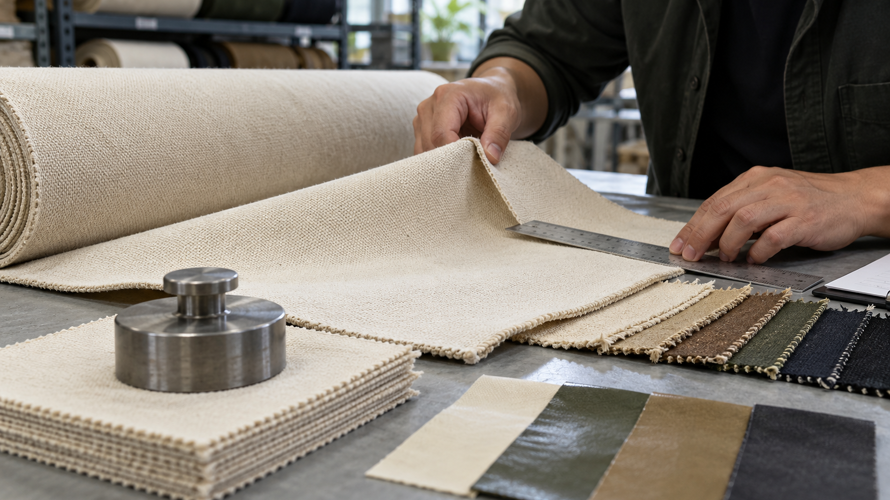 Canvas buyer checks with fibre, yarn, GSM, width, density, coating, colour, shrinkage and finished sample records