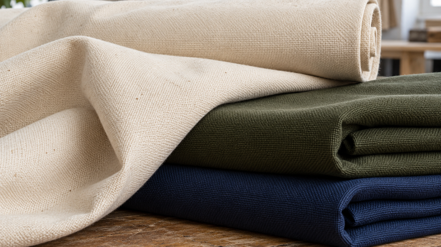 Canvas fabric rolls, plain-weave close-up, cotton and polyester swatches, ruler and finished textile samples on a neutral table