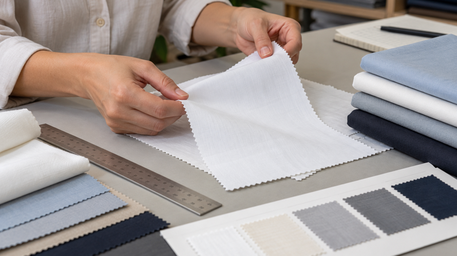 Cotton percale buyer checks with fibre content, yarn, GSM, width, shrinkage, colour and finished sample records