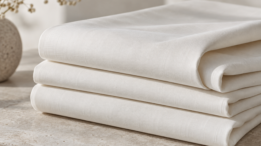 Cotton percale fabric swatches, plain-weave close-up, yarn cones and printed textile samples on a neutral worktable