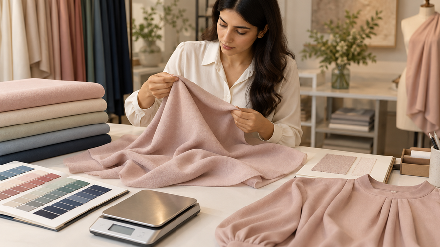 Crepe fabric buyer checks with texture card, weight scale, colour standard and finished sample